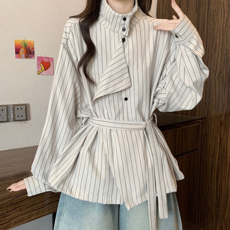 Irregular Long Sleeve Striped Turtleneck Shirt For Women, Autumn And Winter, Plus Size, Designed To Slim_voghion.com
