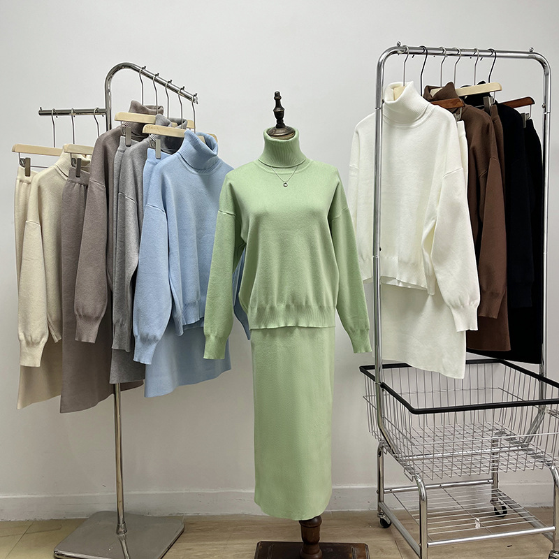Women's clothing Solid color turtleneck sweater half-body hip-hugging skirt two-piece set knitted suit for women_voghion.com