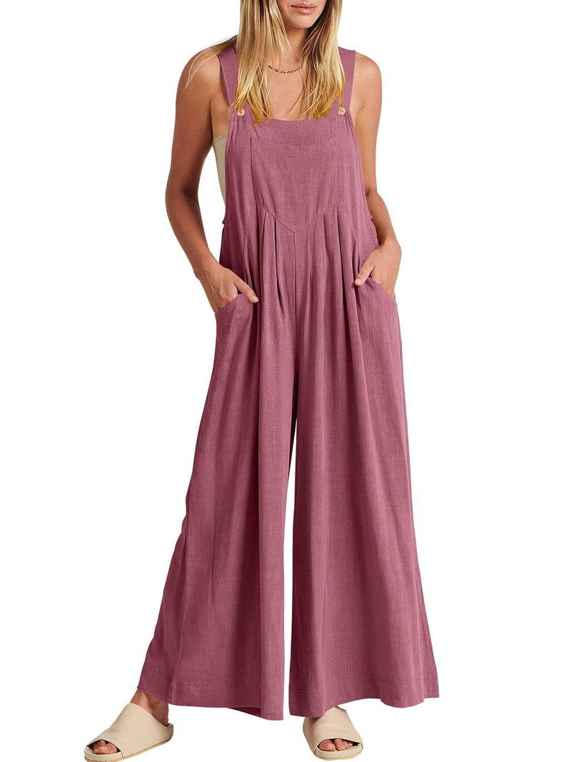 Women's clothing solid color loose casual cotton and linen overalls jumpsuit_voghion.com