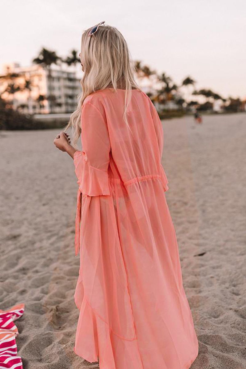 Women’s Chiffon Beach Cover-Up – Long Bikini Swimsuit Jacket (One Size, Orange-Pink Gradient, UV Protection & Boho Style)_voghion.com