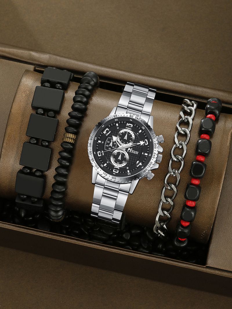 Men's Watch Set Grid Digital Pointer Steel Band Men's Quartz Watch Business All Match Crown Bracelet Set_voghion.com