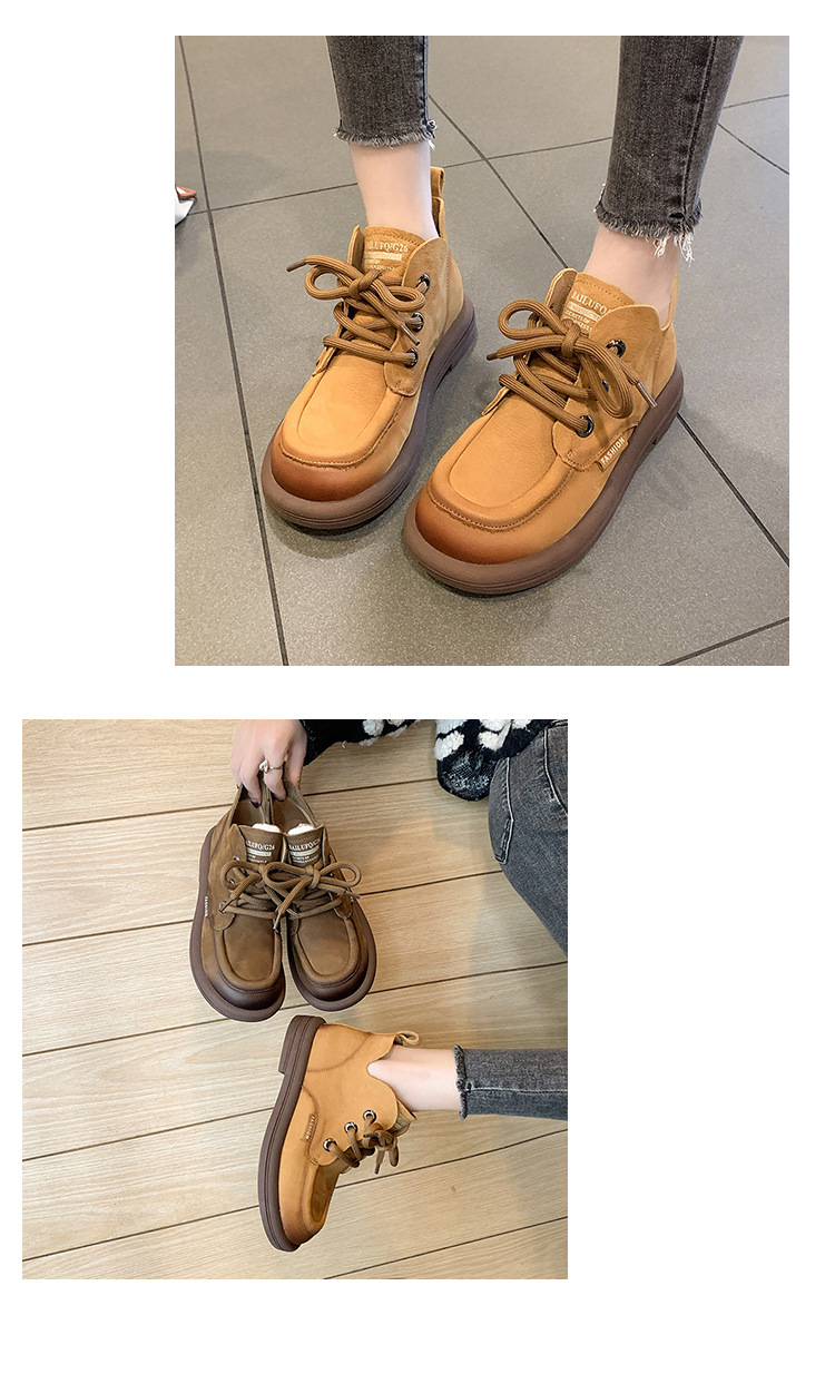 Autumn 2023 New Thick-heeled Round-toed Brown Retro Style High-top Short Boots front lace-up lazy shoes Martin boots women_voghion.com