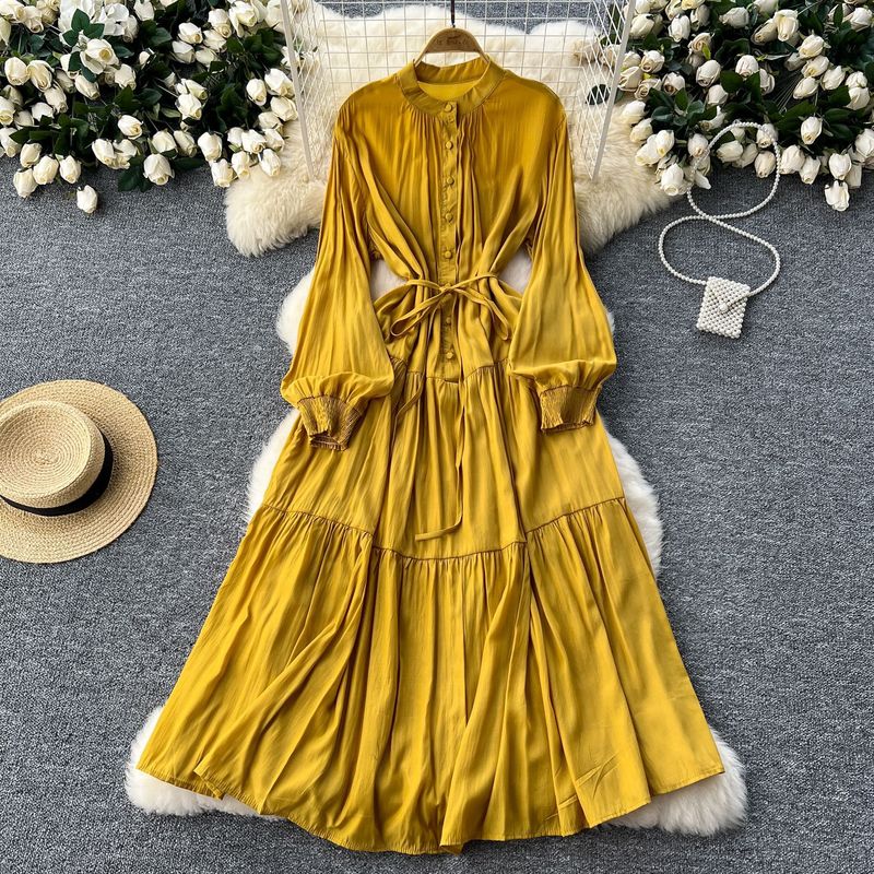 Elegant Dress Female Design Single Breasted Loose Waist Straps Slim Temperament Knee Length Skirt_voghion.com