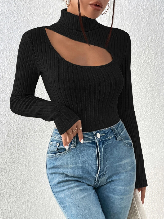 Women's Clothing hollow front bottoming shirt for women high collar long sleeve slim T shirt _voghion.com