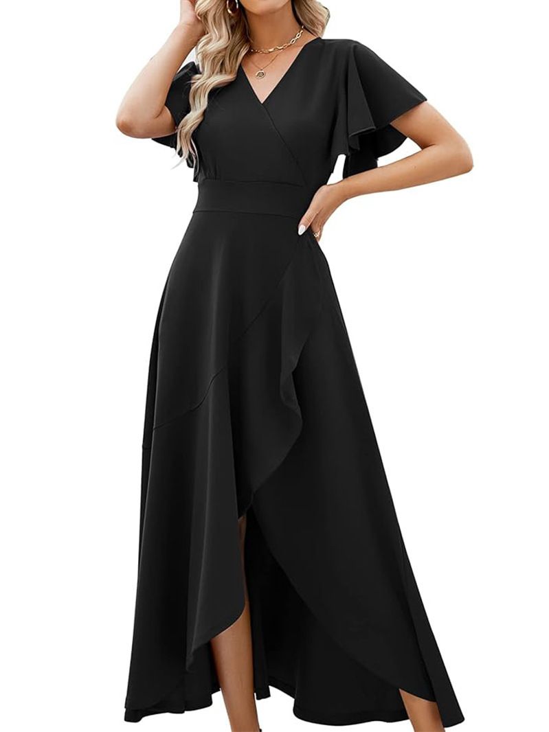 2025 Damen Rüschenärmel V-Ausschnitt Elegantes Abendkleid Frühling Sommer Polyester_voghion.com
