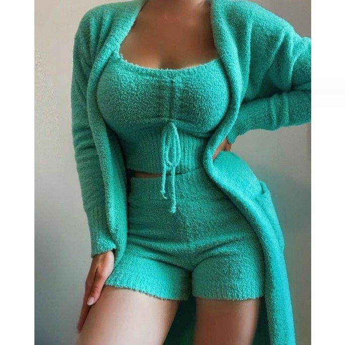 Women's Fashion Fleece Tied Front Cardigan & Pants Set 3-Piece Outfit Casual Winter Loungewear Cozy Comfortable Soft Warm _voghion.com