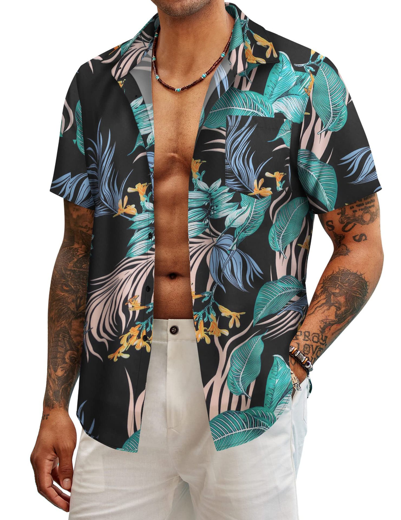 Roupas masculinas casuais manga curta lapela bolso 3D camisa impressa_voghion.com