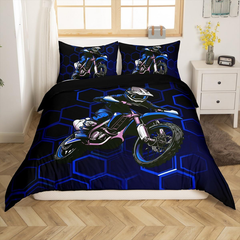 Blaues Dirtbike-Bettbezug-Set, Doppelgröße für Kinder, Jungen, Teenager, Schlafzimmer, sechseckiges Wabenbettwäsche-Set, geometrischer Extremsport-Bettbezug mit_voghion.com