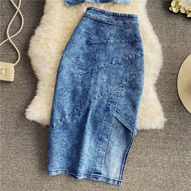 Roupas femininas novas Slim Fit zíper curto Denim camisola duas peças terno irregular fenda quadril saia_voghion.com