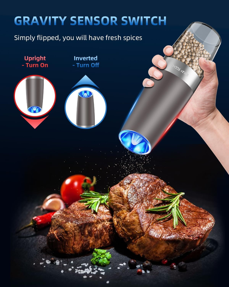 Gravity Electric Pepper/Salt Grinder Set, Adjustable Roughness, Battery Powered With LED Light, One-Hand Automatic Operation_voghion.com