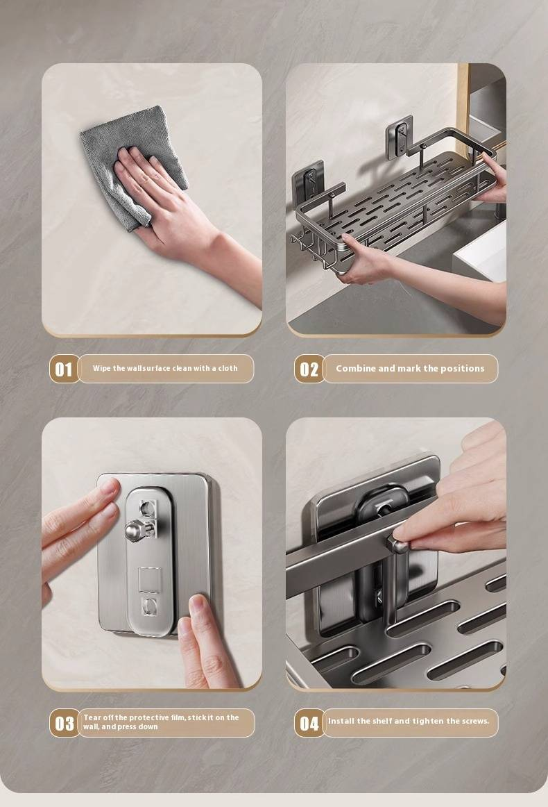 Półka ścienna do łazienki bez wiercenia, aluminiowy organizer prysznicowy z haczykami i drążkiem na ręczniki do toalety, umywalki, toaletki (pojedyncza/podwójna warstwa)_voghion.com