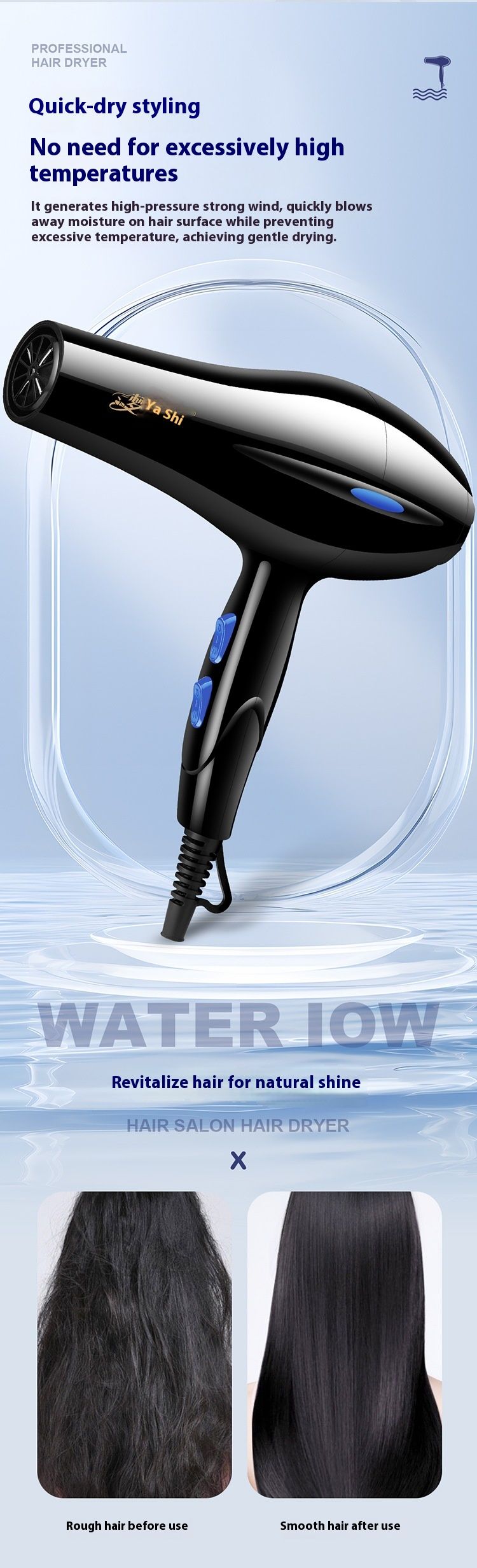 750W Compact Hair Dryer With Dual Nozzles (Concentrator & Diffuser) - Lightweight Travel Blow Dryer For Home & Hotels, 2 Heat/Cool Settings_voghion.com