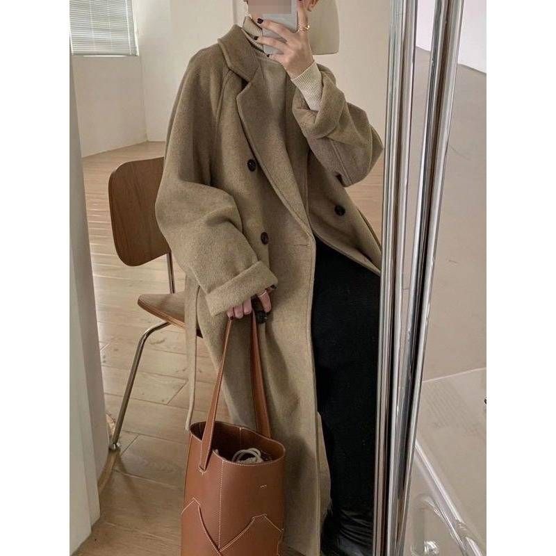 Women's Elegant Chenille Trench Coat – Audrey Hepburn-Inspired Short Wool Coat With Belt (Black/Coffee)_voghion.com