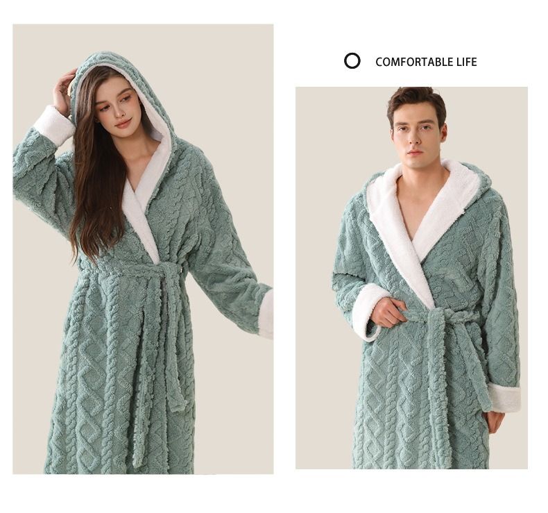 Vollständig verwaltetes, grenzüberschreitendes, erweitertes Jacquard-Flanell-Nachthemd mit Kapuze für Damen, dicker, warmer Pyjama-Bademantel für Paare_voghion.com