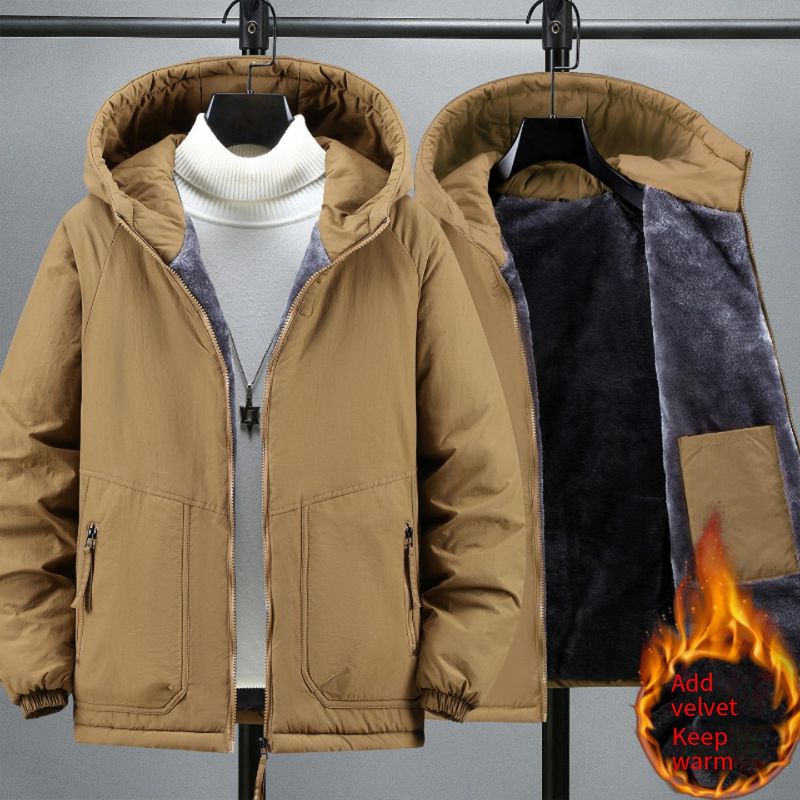 Men's Winter Fleece-Lined Hooded Jacket - Plus Size Warm Coat With Zip Pockets, Polyester Puffer Jacket For Casual & Outdoor_voghion.com