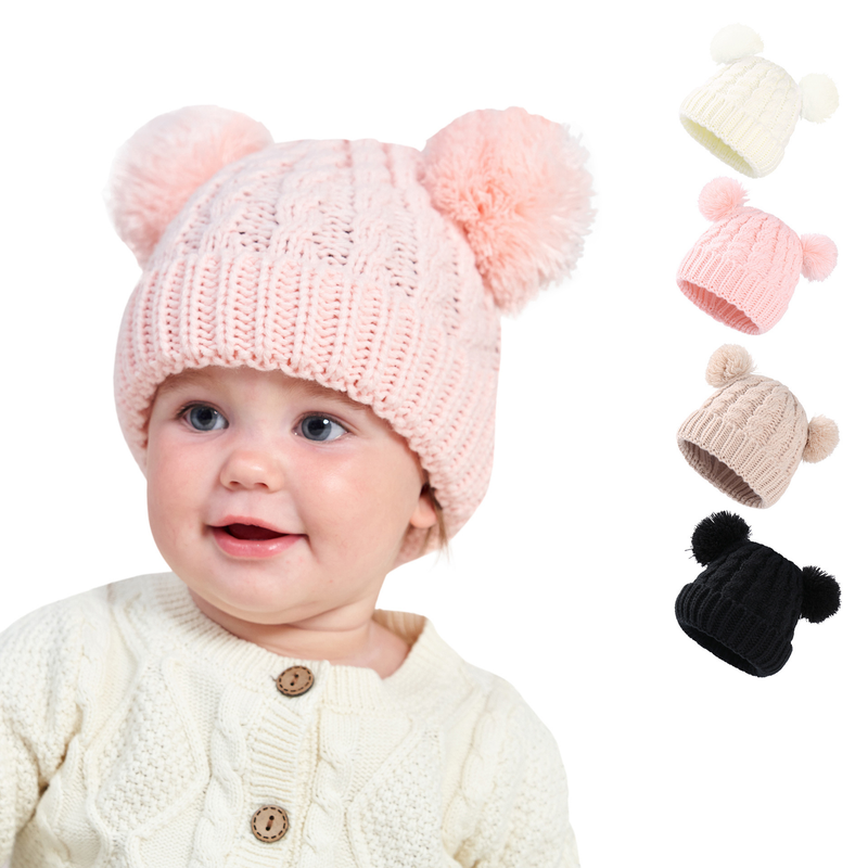 Cappello per bambini con doppia palla in filato acrilico twist in tinta unita per abbigliamento per bambini_voghion.com