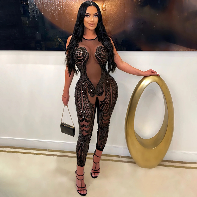 Sexy sleeveless round neck see-through jumpsuit, polyester mesh spliced sequin style, slim trousers_voghion.com