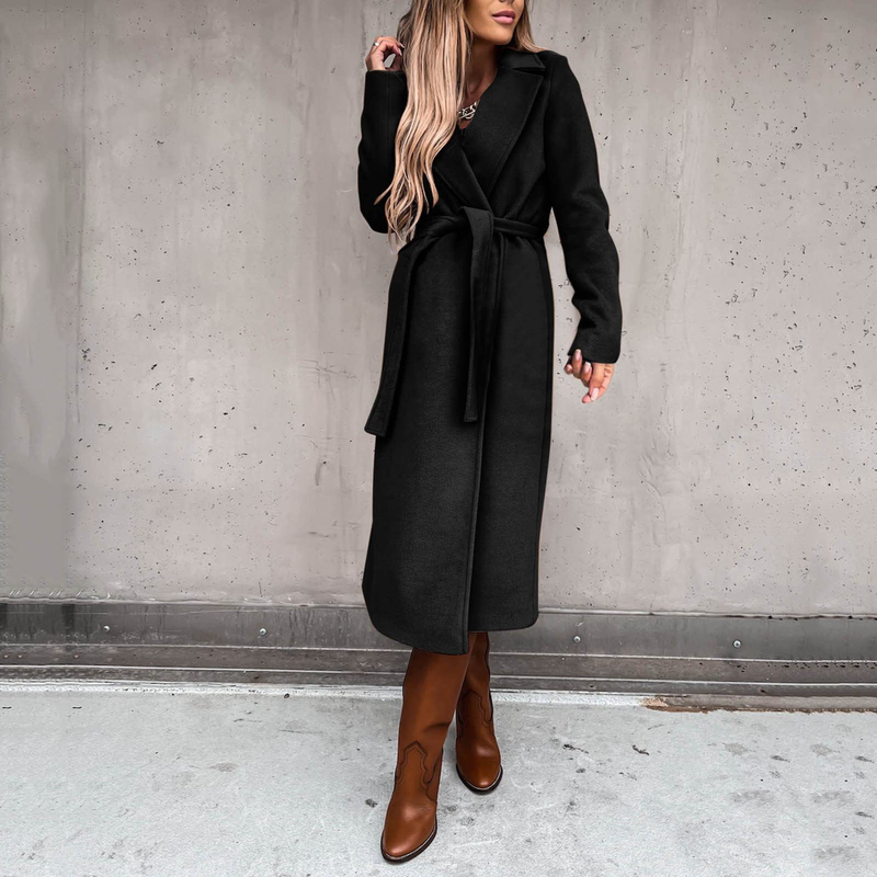 Autumn and winter women's solid color lapel long-sleeved woolen jacket simple strappy windbreaker_voghion.com
