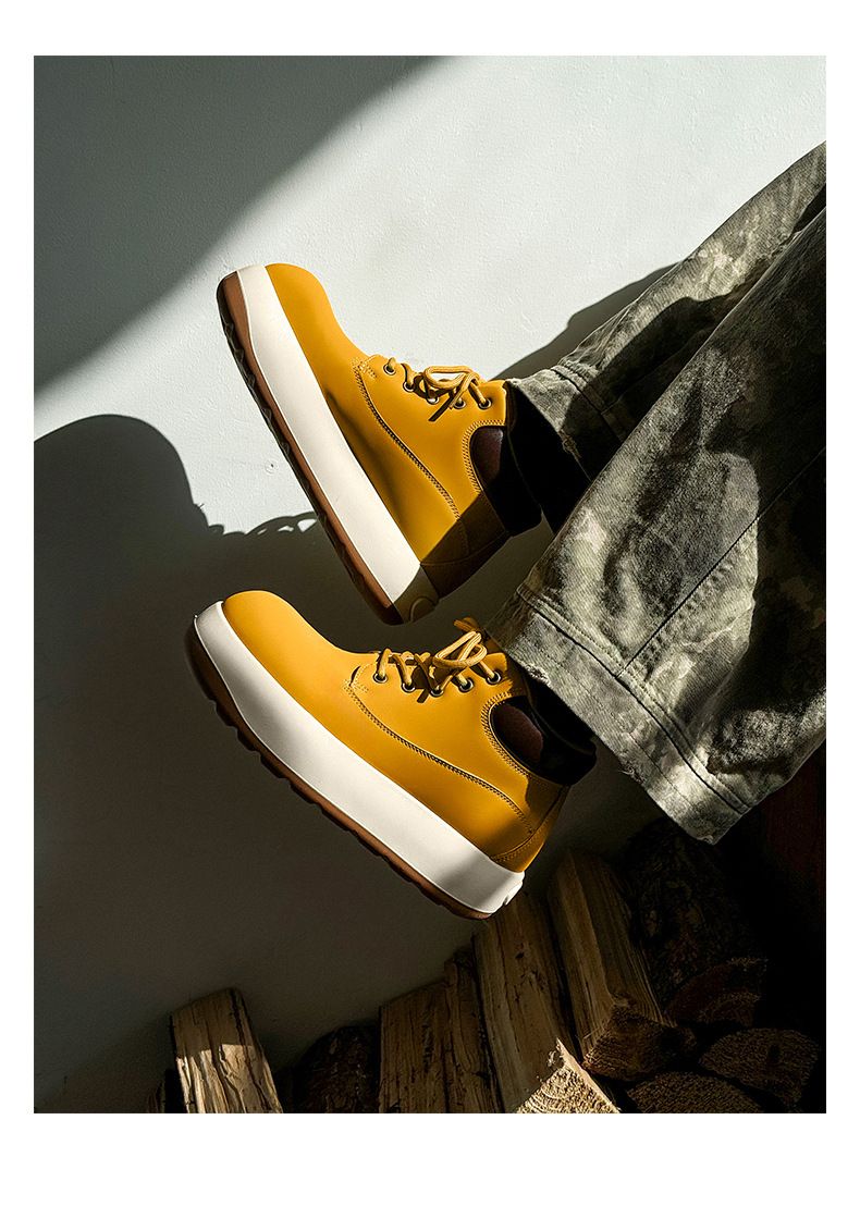 Men's Chunky Derby Boots Retro Motorcycle Style High Top Martin Boots In Yellow/Black/Brown - Fashionable & Comfortable_voghion.com