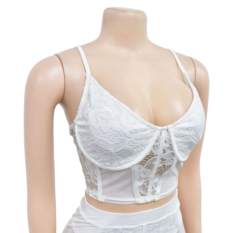 Damenbekleidung, modisches zweiteiliges Set für Damen, einfarbig, sexy Spitze, ärmellose Shorts_voghion.com