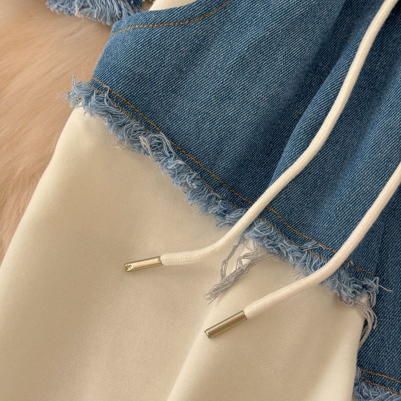 Projekt odzieży damskiej Koszulka z krótkim rękawem Patchwork Denim Top Wysoki stan Swobodne proste spodnie Dwuczęściowy garnitur_voghion.com