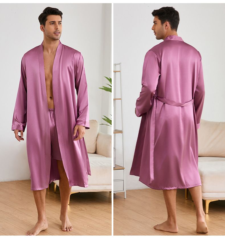 Cross Border Men's Nightgown Shorts Set Solid Color Home Clothes Bathrobe Shorts Set Thin Pajamas TZ3194_voghion.com