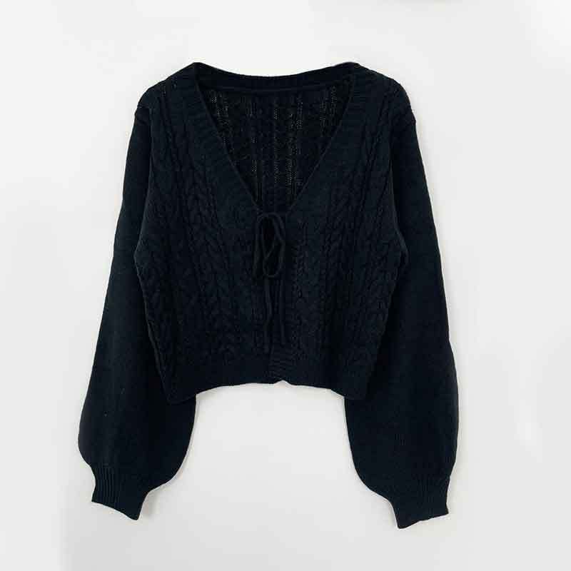 Elegant V-Neck Cable Knit Cardigan With Bow Tie & Lantern Sleeves - Soft Acrylic Blend Women's Sweater For Casual Chic Style (Navy/Black/Red, S-XL)_voghion.com