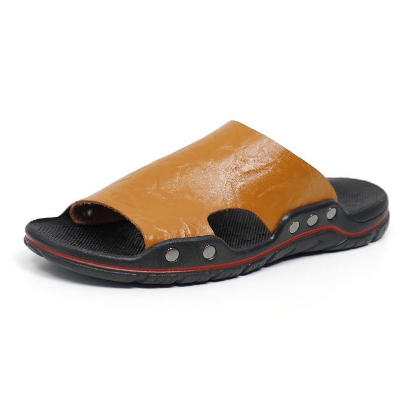 Große Größe 48 Ein-Wort-Hausschuhe für Männer zum Tragen zu Hause, Sandalen mit offener Spitze, Watstrand S, Hausschuhe aus Rindsleder, Herren_voghion.com