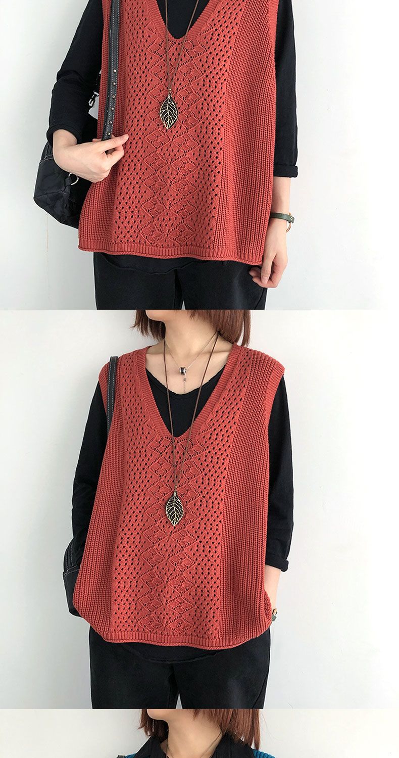 Pull-over rétro à col en V pour femme, collection printemps-été-automne 2025. Coupe ample et fine. Tailles généreuses._voghion.com