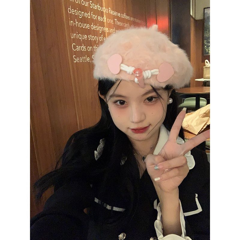 Sweet And Cute Heart-shaped Corner Buckle Rabbit Hair Women's Beret, Winter Big Head Circumference, Modify The Face 2025 New_voghion.com