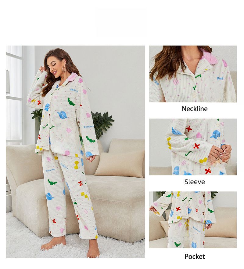 Pijama de franela con botones para mujer, cárdigan con solapa cálida, ropa de casa, pantalones de manga larga de forro polar coral_voghion.com