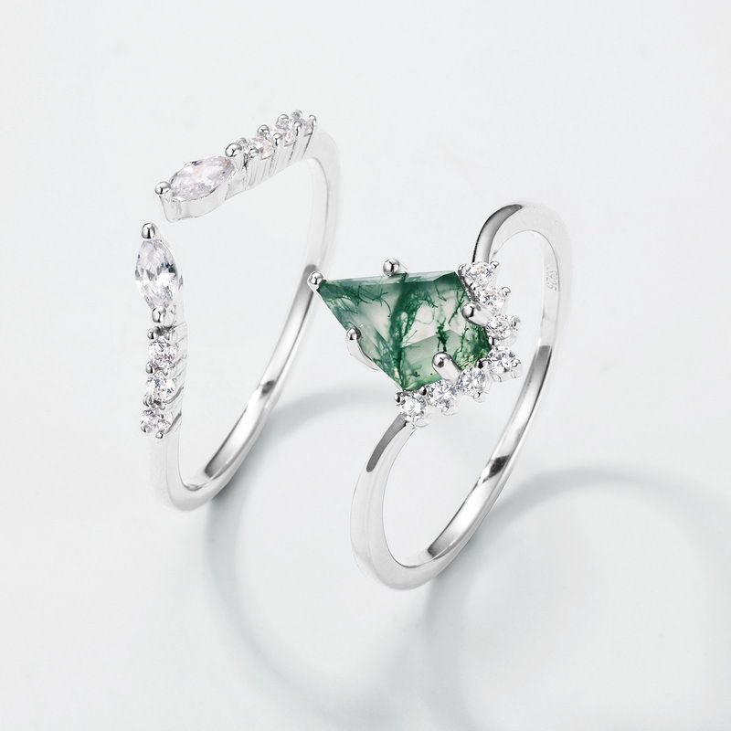 Fashion Light Luxury Pure Silver Stackable Kite Ring - Natural Water Grass Agate Inlay For Elegant Statement Style_voghion.com