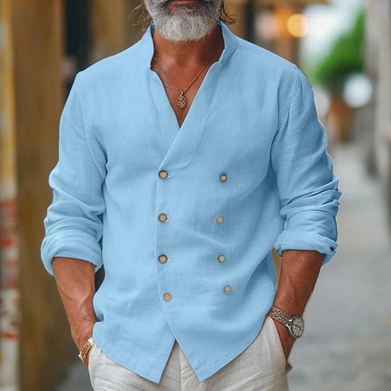 Men's Clothing Men's Spring And Autumn Double Breasted Stand Up Collar Solid Color Cotton And Linen Casual Solid Color Long Sleeved Youth Shirt_voghion.com