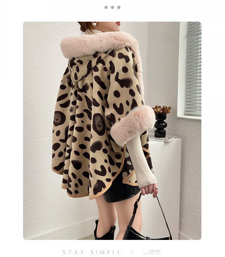 Cardigan en tricot à col en fourrure pour femme, pull châle à capuche imprimé léopard pour femme_voghion.com