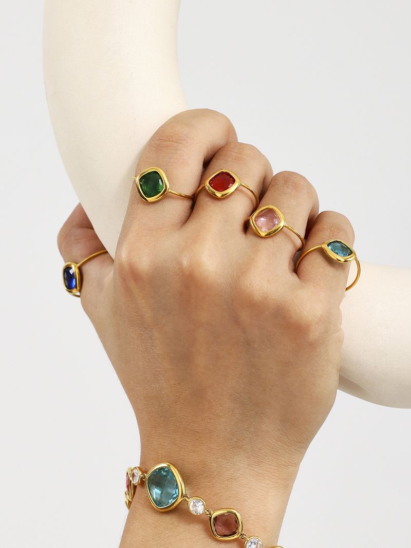 Anello in acciaio al titanio con pietra di vetro colorata a forma di zolletta di zucchero, apertura regolabile, non sbiadisce, nuovo anello da donna di nicchia, gioielli da mano_voghion.com