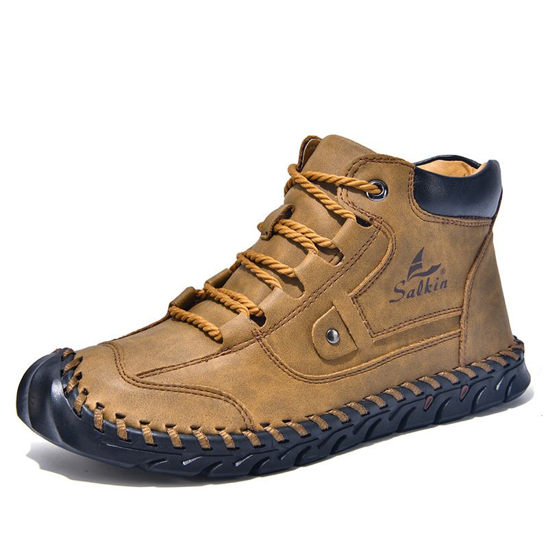 Plus Size Color Block Leather Men's Fashion Hand-Stitched Ankle Boots Flat Lace-Up Casual_voghion.com