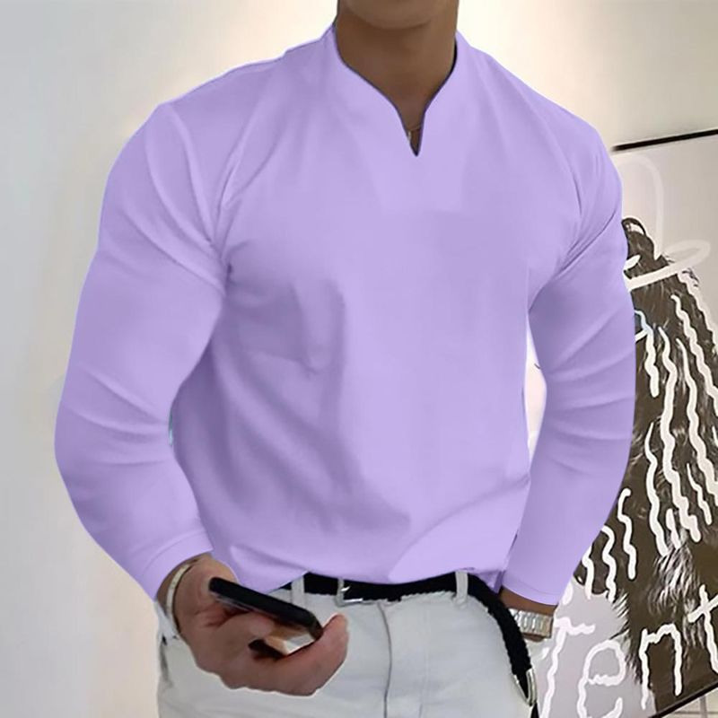 Ropa para hombre Nueva camiseta de manga larga con cuello en V para hombre Top transpirable informal_voghion.com