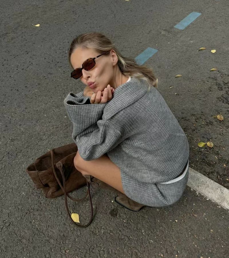 Trendy Rib-Knit Sweater Dress Set With Flared Sleeves & Notched Collar - Autumn/Winter Matching Outfit (Grey/Ivory/Angora Red/Brown)_voghion.com