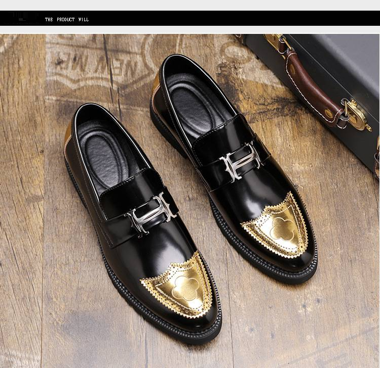 Scarpe casual in pelle a punta, in stile britannico, con finitura lucida, da uomo, senza lacci e con tacco alto._voghion.com