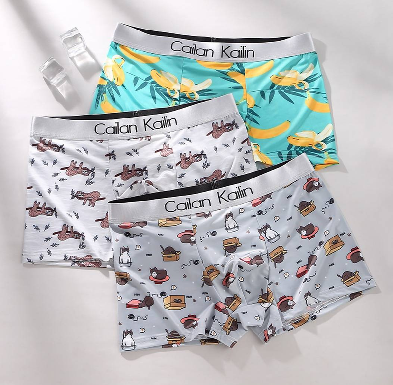 Men's Cartoon Print Boxer Briefs – Soft Cooling Silk Underwear For Students (M-XXXL, Quick-Dry, Breathable, Fun Animal Patterns)_voghion.com