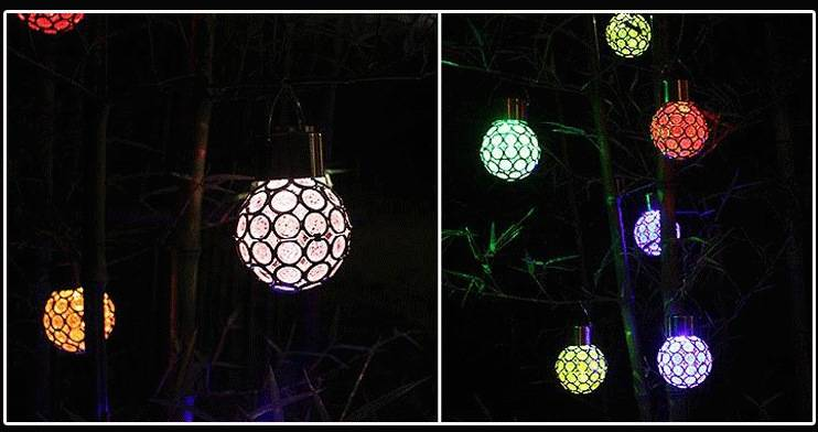 Solar-Powered Hollow Sphere Hanging Light, Outdoor LED Decorative Lantern With Color-Changing Mode, Waterproof Garden Lighting For Patio, Yard_voghion.com