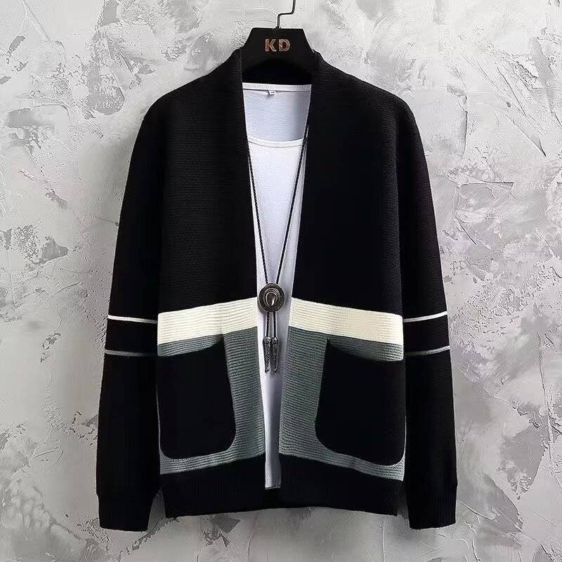 Cardigan en maille slim color-block pour homme | Pull léger (M-3XL, noir et beige)_voghion.com