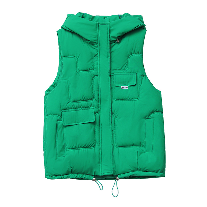 Gilet matelassé à capuche tendance pour femme – Veste matelassée sans manches, coupe ajustée, légère et élégante (M-XXL, kaki/vert/noir/beige/bleu marine/jaune)_voghion.com