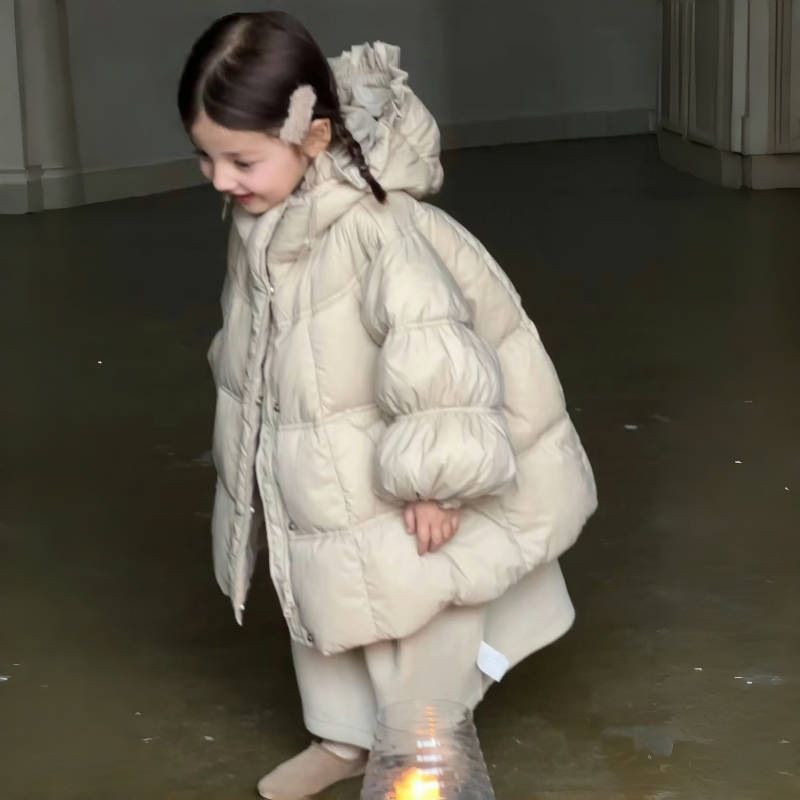 Girls' Long Puffer Coat With Hood – Warm Winter Jacket For Kids (Ages 8+, 100-150cm, Pink/Milk White)_voghion.com