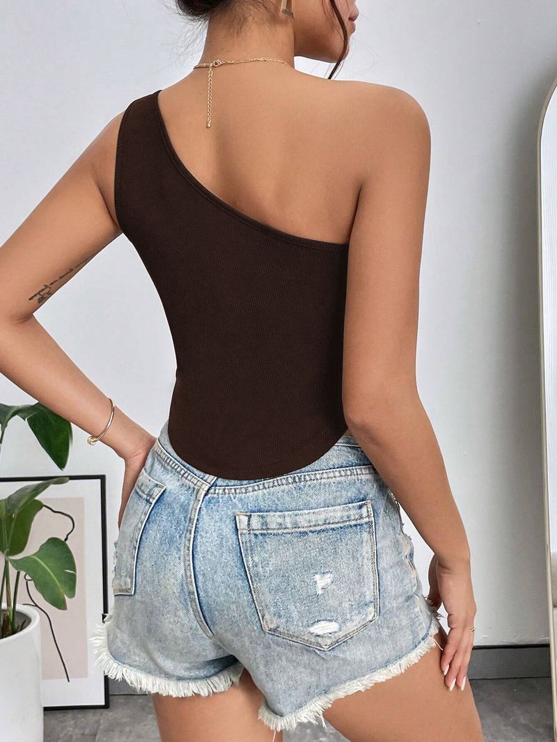 Women's Clothing New Slim Ultra Short Irregular Hem Oblique Shoulder Wrap Chest Vest Hollow Top_voghion.com