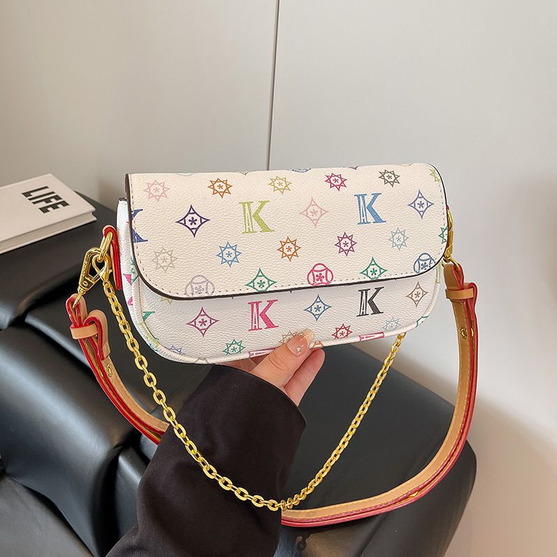 Borsa a tracolla singola con catena a contrasto, modello Mahjong Light, di alta qualità, con stampa a tre colori, colore bianco, 2025_voghion.com
