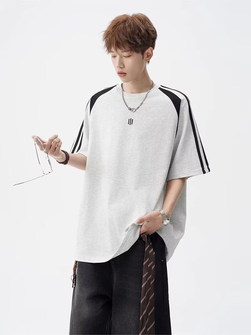 Men's Fashion Short Sleeve T-Shirt Breathable Ice Silk Fabric Relaxed Fit Round Neck Color Blocking Design Versatile Casual Wear For Young Adults_voghion.com