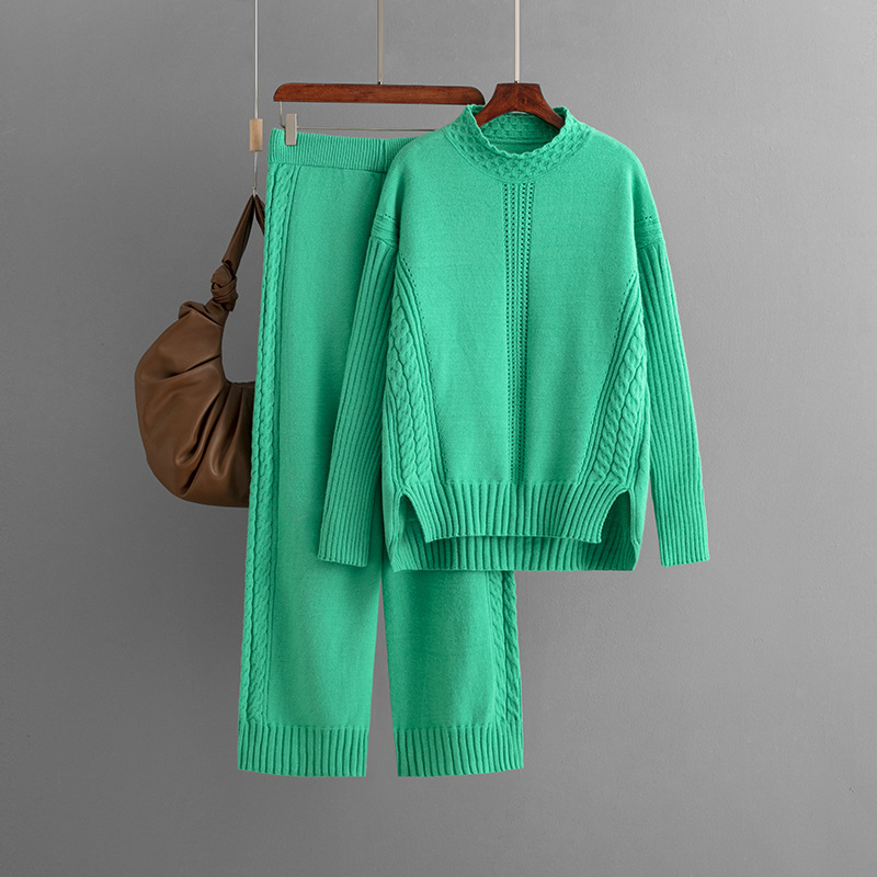 Women's fashion casual knit suit pants loose sweater wide leg trousers long pants two-piece set_voghion.com