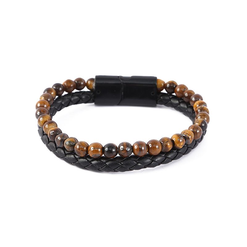 Bracciale da uomo con perline e chiusura magnetica in pelle con pietra occhio di tigre_voghion.com