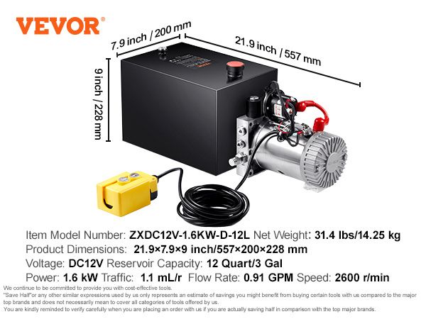 VEVOR Hydraulic Pump, 12 Quart Hydraulic Power Unit, Single Acting Dump Trailer Pump, 0.91 GPM Flow Rate, 3200 PSI Max Relief Pressure, DC 12V Hydraul_voghion.com